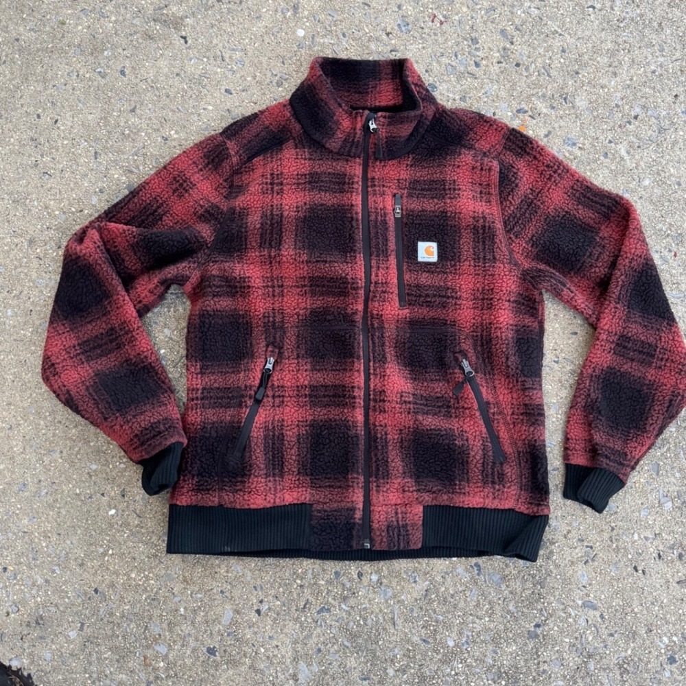 Carhartt Womens Red Black Plaid Full Zip Sherpa Fleece Jacket Size Medium M 8/10